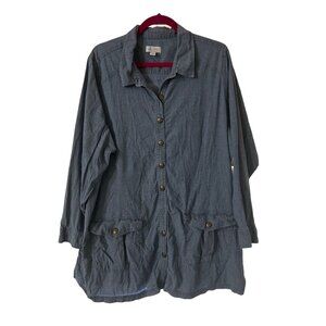 D&Co Denim Button-Front 2X Shirt Jacket With Pockets Blue Long Sleeve Womens Cas